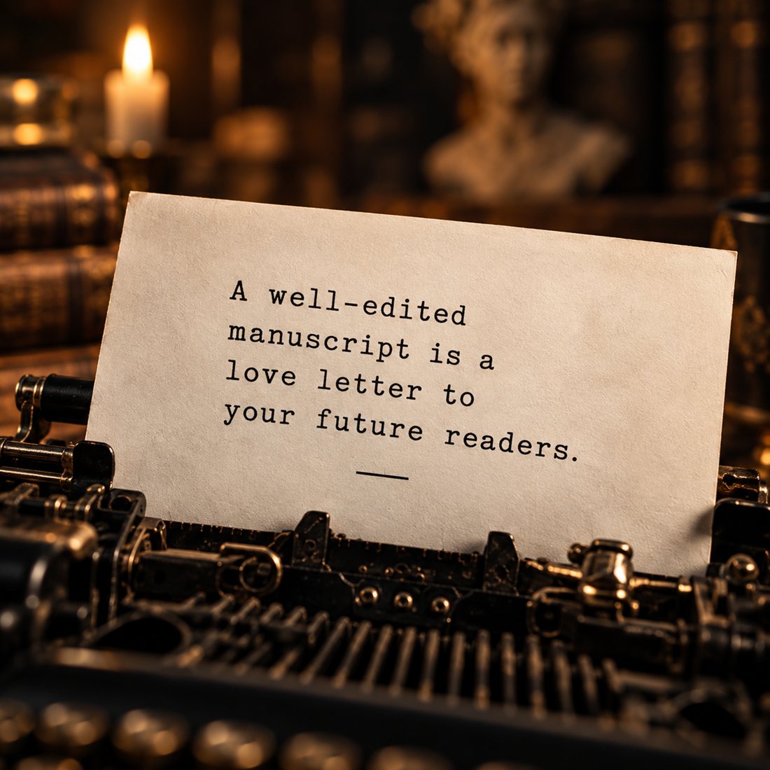 A typewriter by candlelight, its page reading: A well-edited manuscript is a love letter to your future readers.