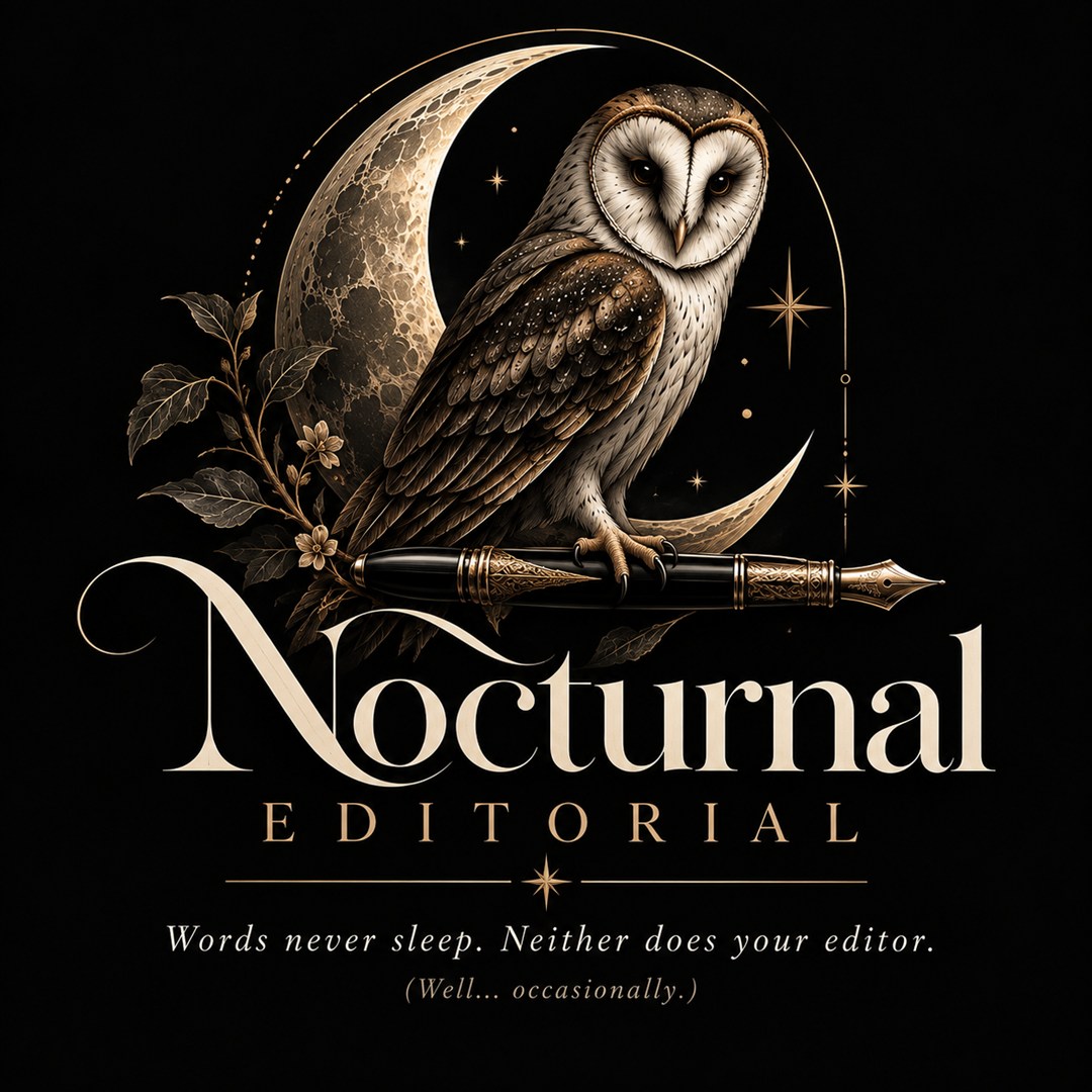 Nocturnal Editorial: an owl perched on a fountain pen before a crescent moon. Words never sleep. Neither does your editor. (Well... occasionally.)